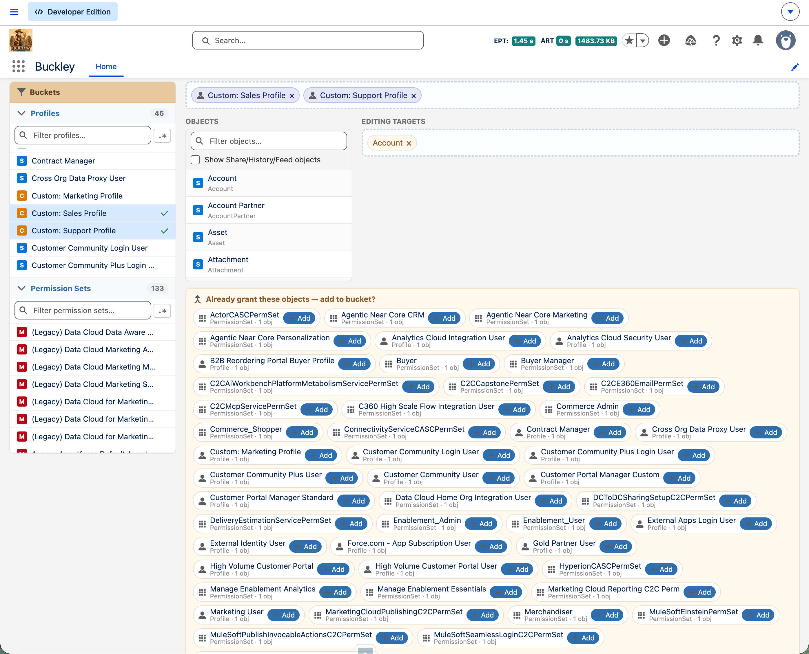 Buckley app: change preview showing bucket-target checkboxes versus each profile's current access